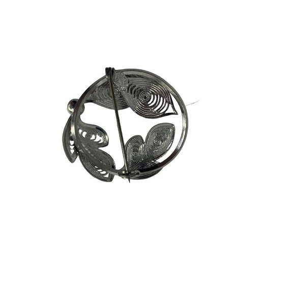 Vintage Leaf Circle Brooch Silvertone "Western Germany" Faux Pearl 1.5" Diameter - Picture 6 of 7